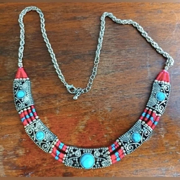 Beaded Necklace and Earrings Red & Turquoise - Picture 5 of 7